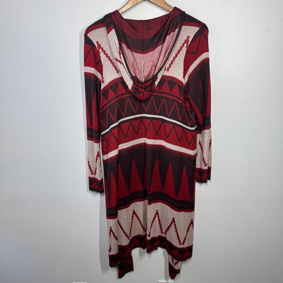 One World Women 1X Plus Size NWT Brown Red Western Cardigan Aztec Country Hood - Picture 2 of 9